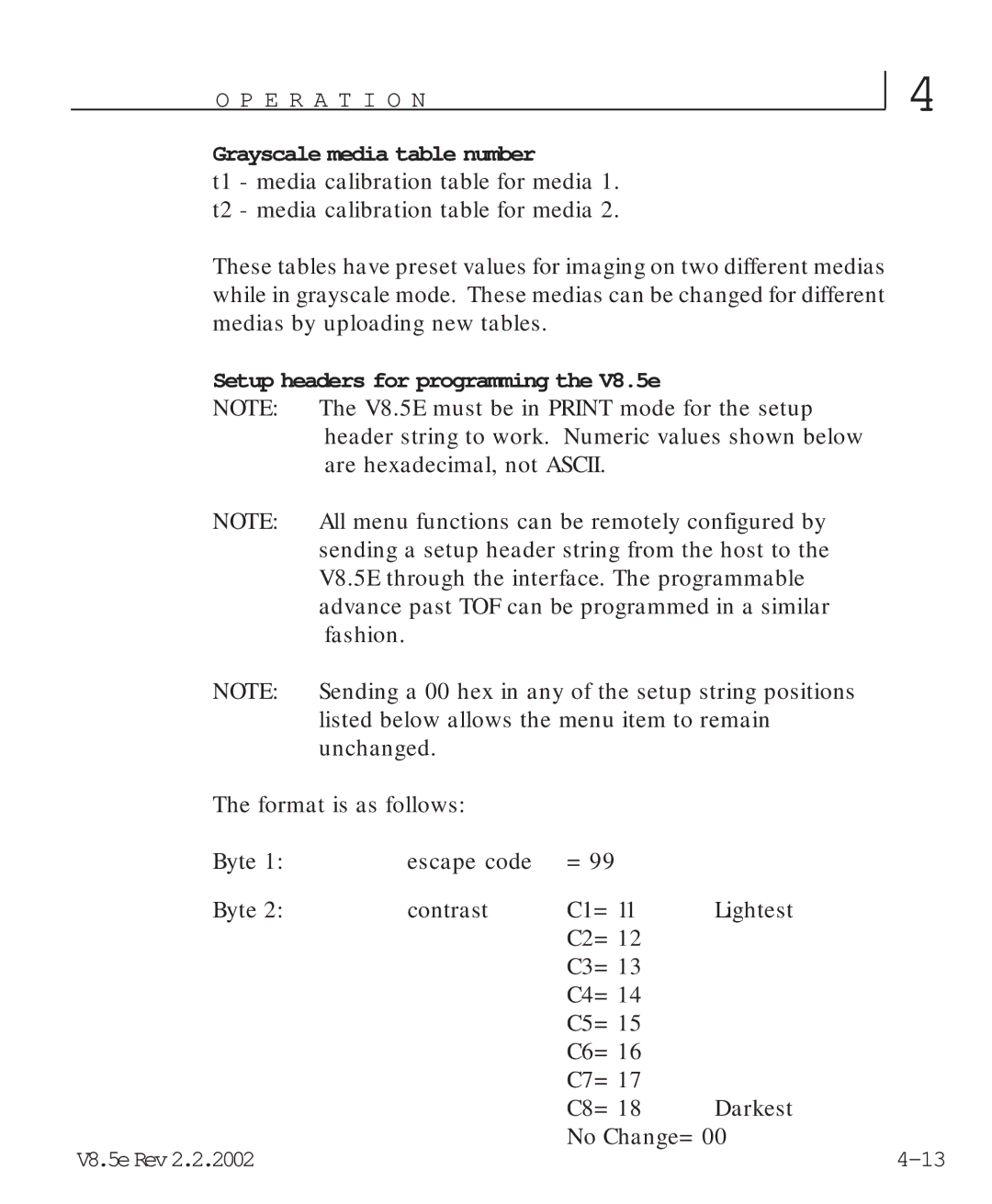 HP manual Grayscale media table number, Setup headers for programming the V8.5e 