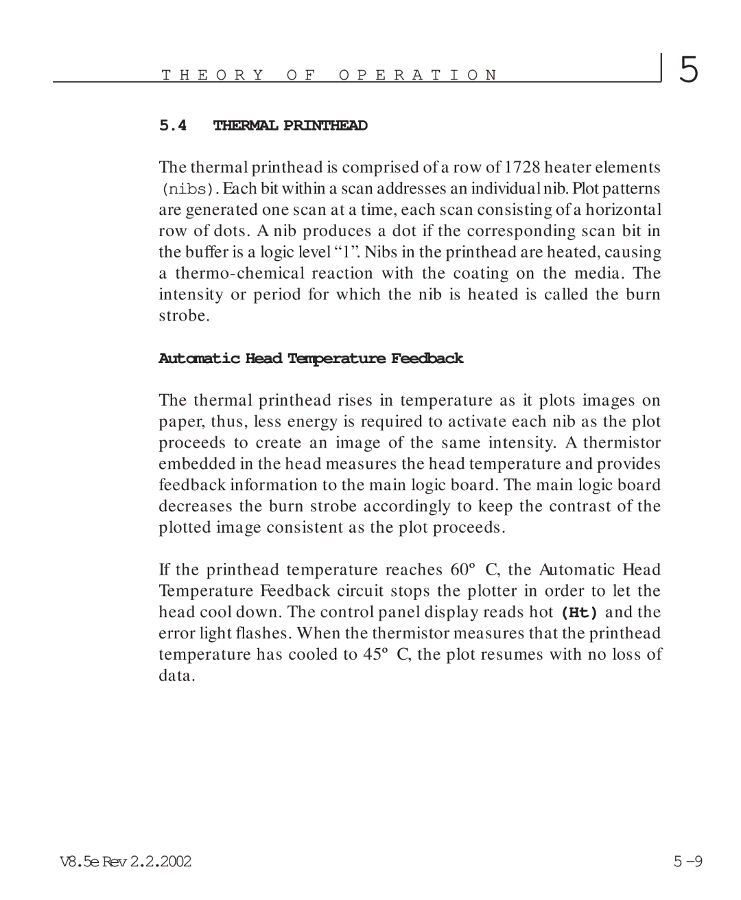 HP V8.5 manual Thermal Printhead, Automatic Head Temperature Feedback 