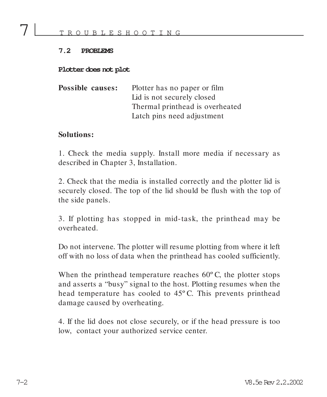 HP V8.5 manual Problems, Plotter does not plot 