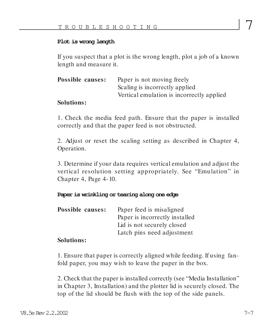 HP V8.5 manual Plot is wrong length, Paper is wrinkling or tearing along one edge 