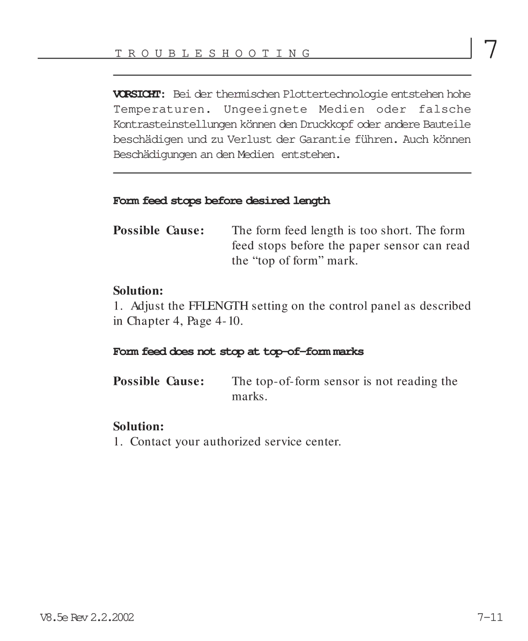 HP V8.5 manual Form feed stops before desired length, Form feed does not stop at top-of-form marks 