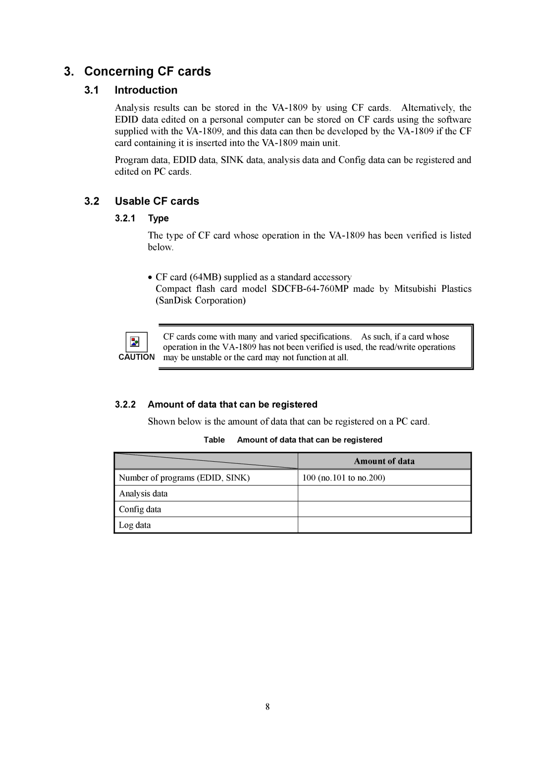 HP VA-1809 manual Concerning CF cards, Usable CF cards 