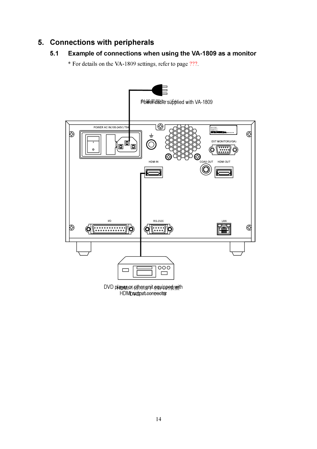 HP manual Connections with peripherals, Example of connections when using the VA-1809 as a monitor 