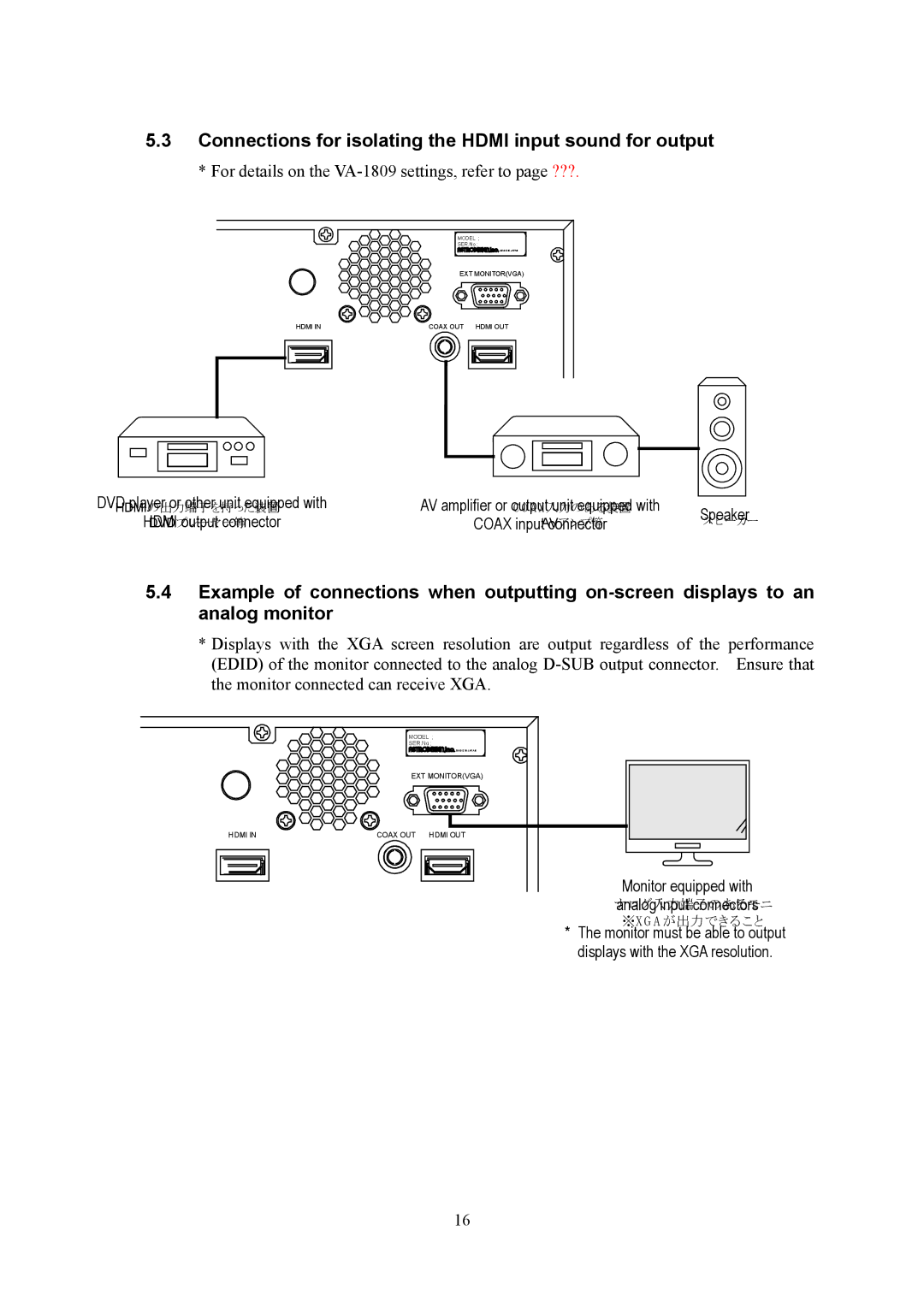 HP VA-1809 manual Connections for isolating the Hdmi input sound for output 