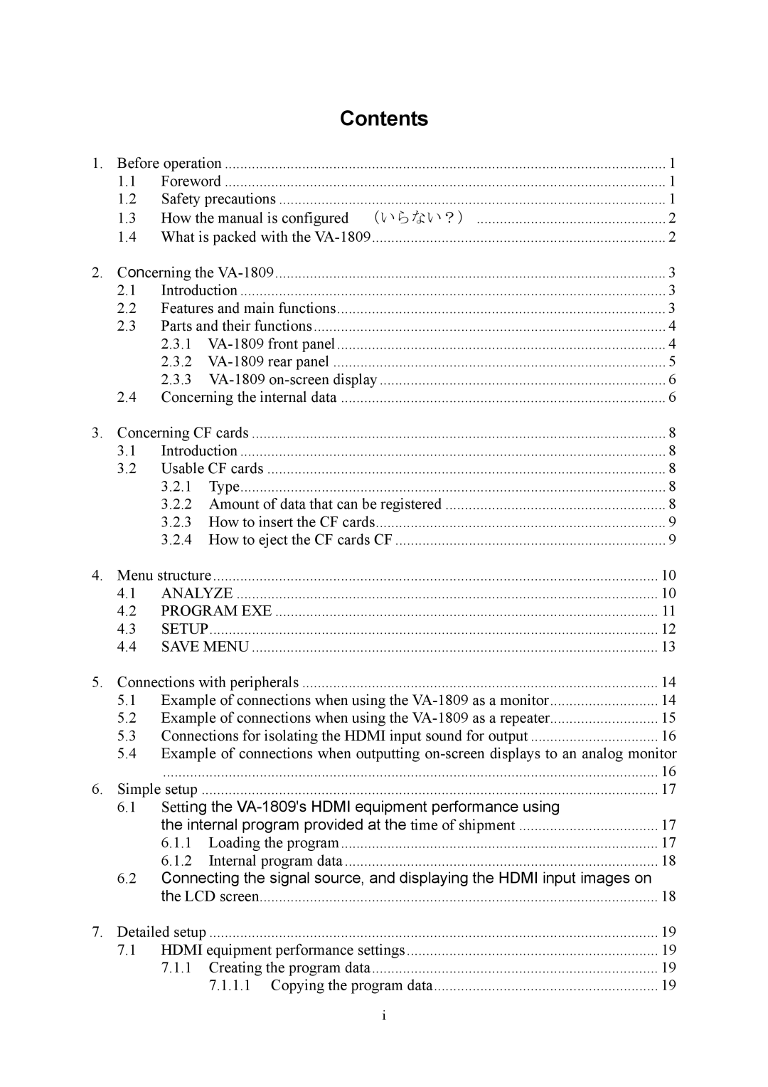 HP VA-1809 manual Contents 