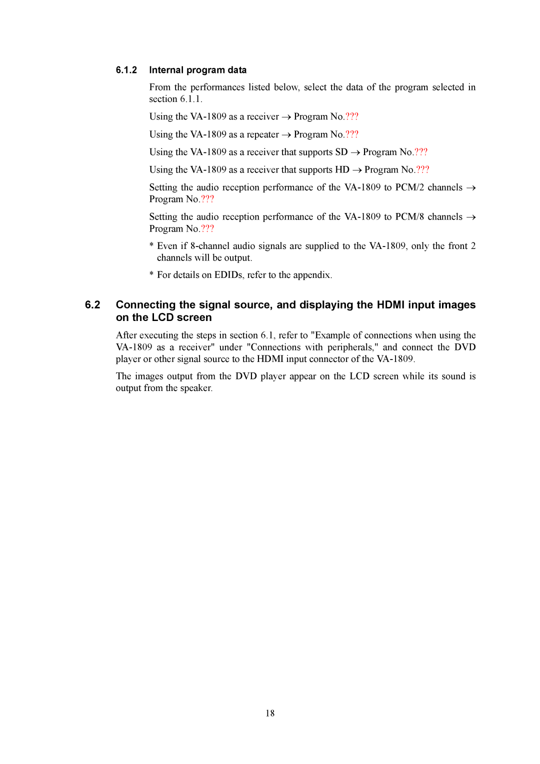 HP VA-1809 manual Internal program data 