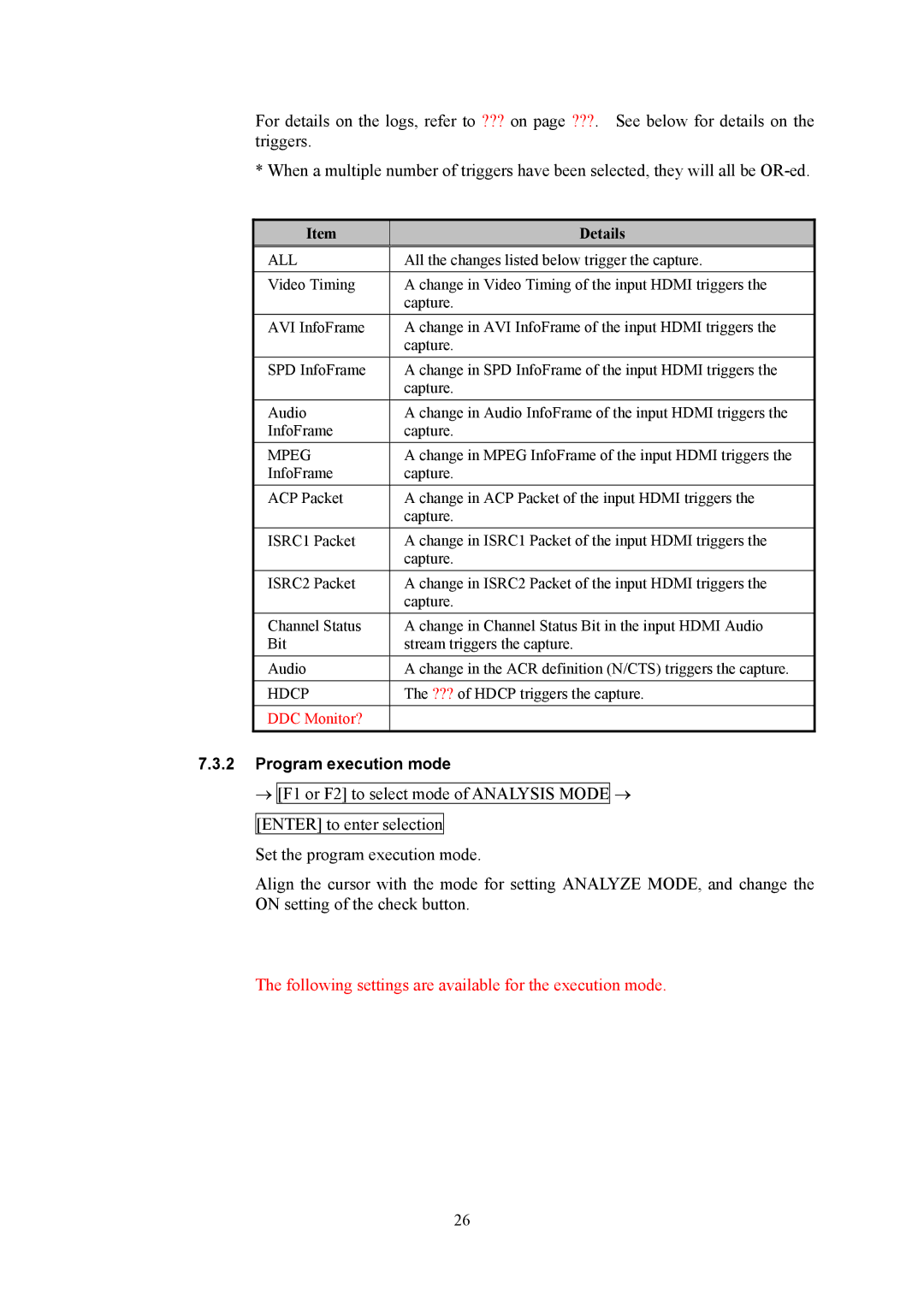 HP VA-1809 manual Following settings are available for the execution mode 