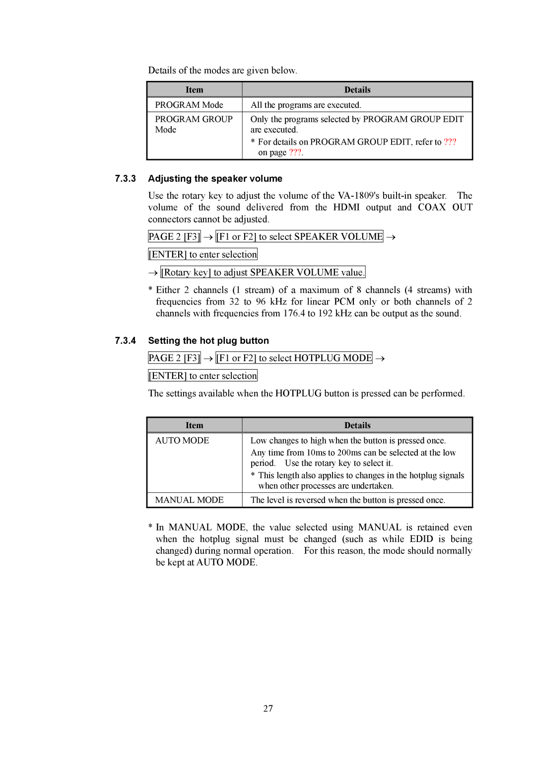 HP VA-1809 manual Details of the modes are given below 