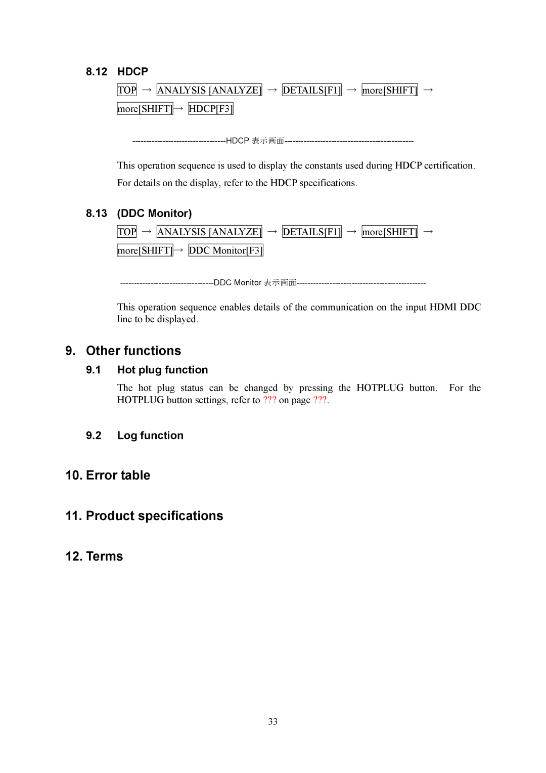 HP VA-1809 manual Other functions, Error table Product specifications Terms 