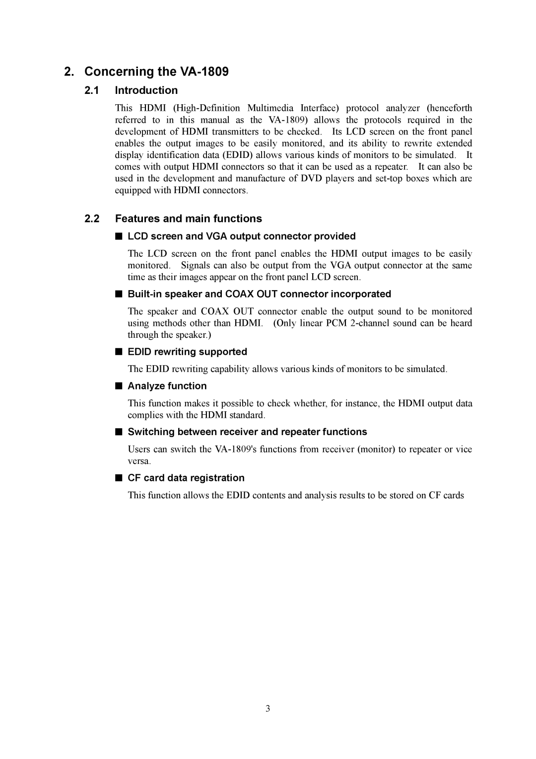 HP manual Concerning the VA-1809, Introduction, Features and main functions 