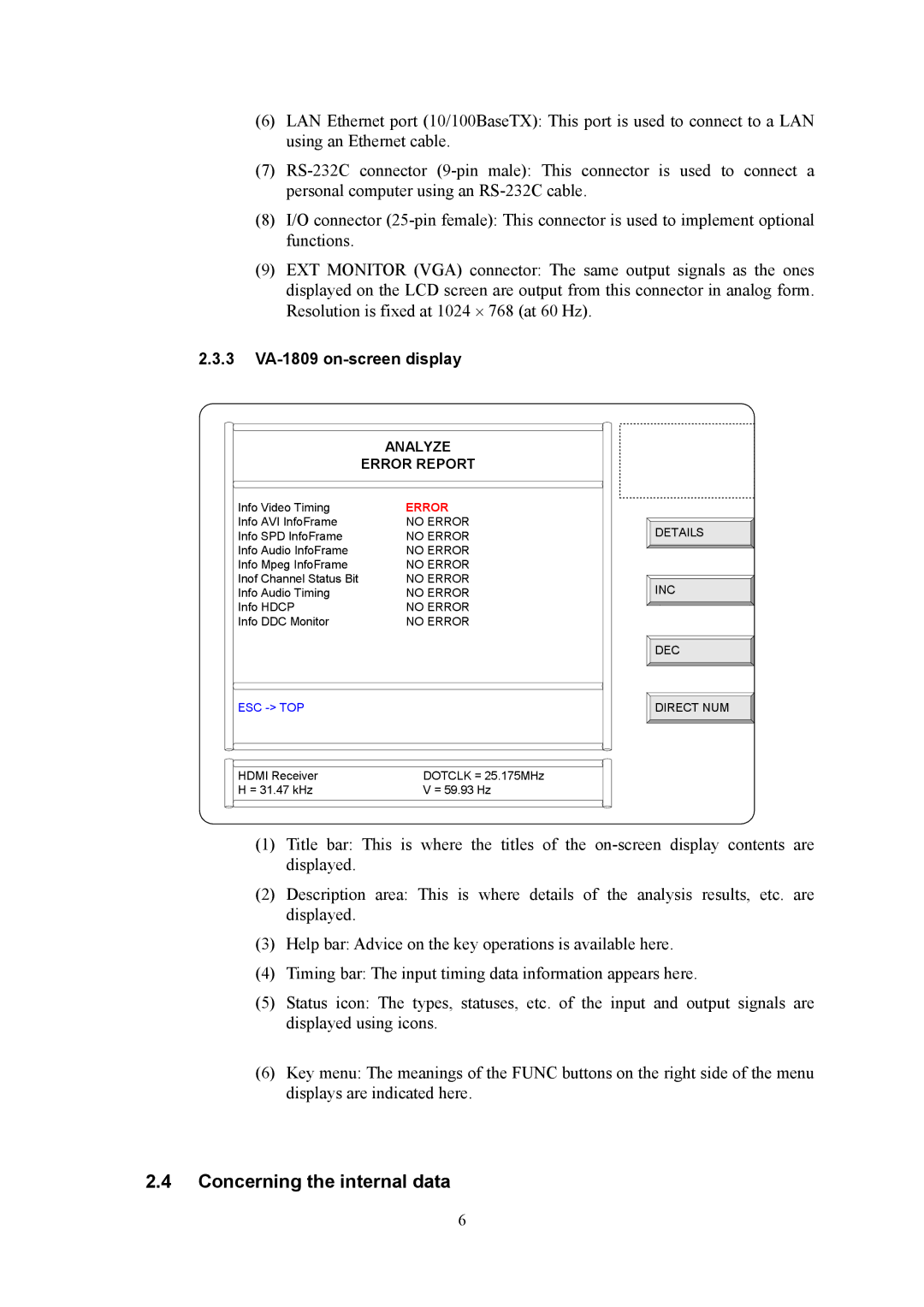 HP manual Concerning the internal data, 3 VA-1809 on-screen display 