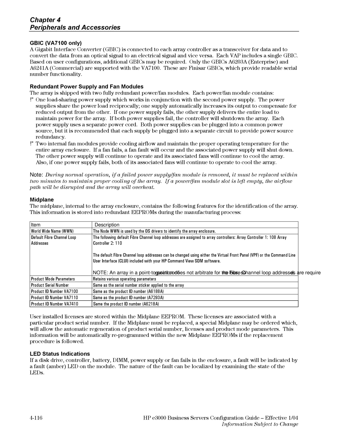 HP VA7410 manual Gbic VA7100 only, Redundant Power Supply and Fan Modules, Midplane, LED Status Indications 