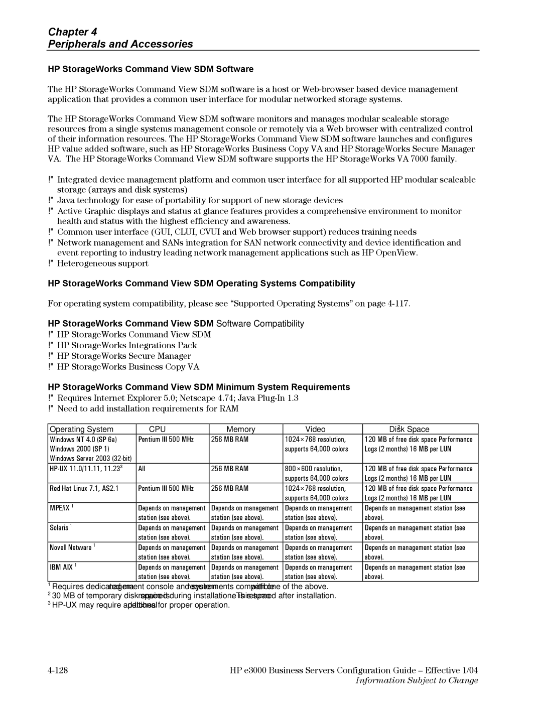 HP VA7410 manual HP StorageWorks Command View SDM Software Compatibility, Operating System, Memory Video Disk Space2 