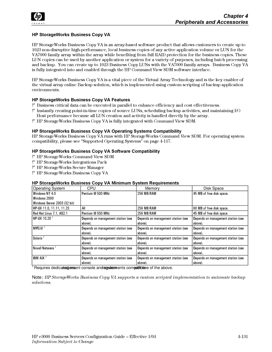 HP VA7410 manual HP StorageWorks Business Copy VA Features, HP StorageWorks Business Copy VA Software Compatibility 