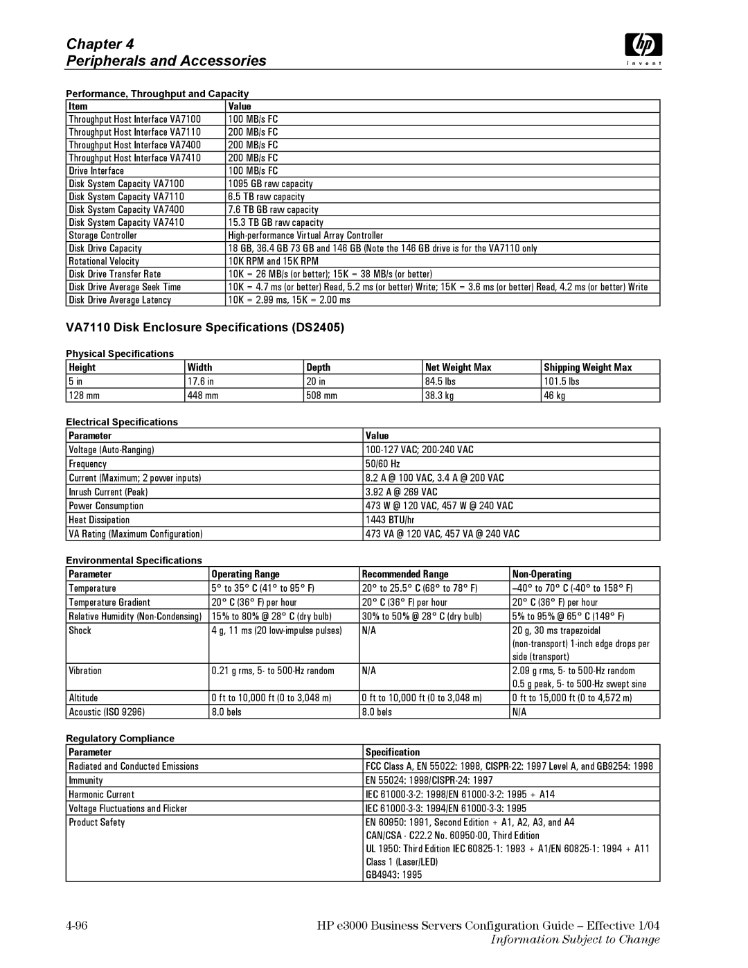 HP VA7410 manual VA7110 Disk Enclosure Specifications DS2405 