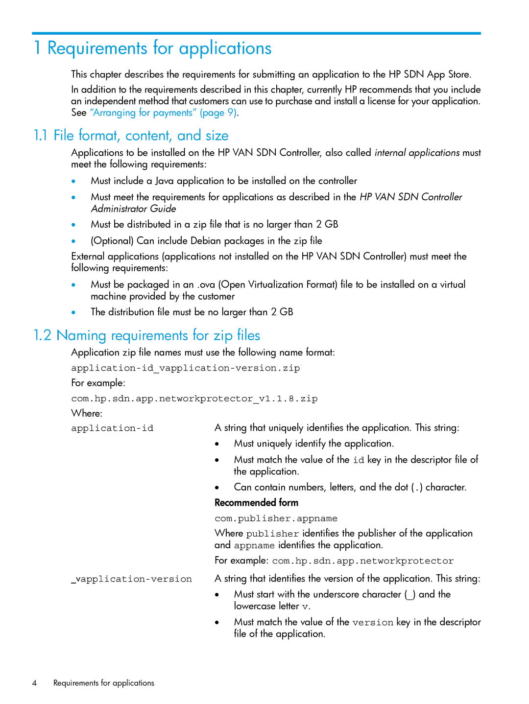 HP VAN SDN Controller Software Products manual Requirements for applications, File format, content, and size 