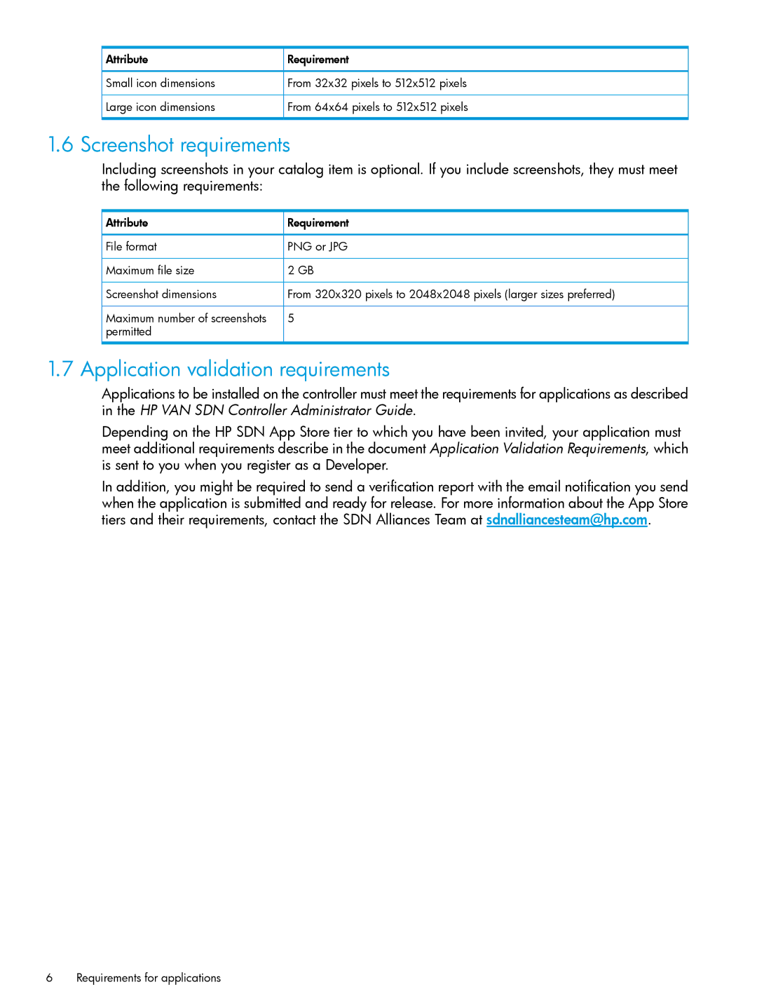 HP VAN SDN Controller Software Products manual Screenshot requirements, Application validation requirements 