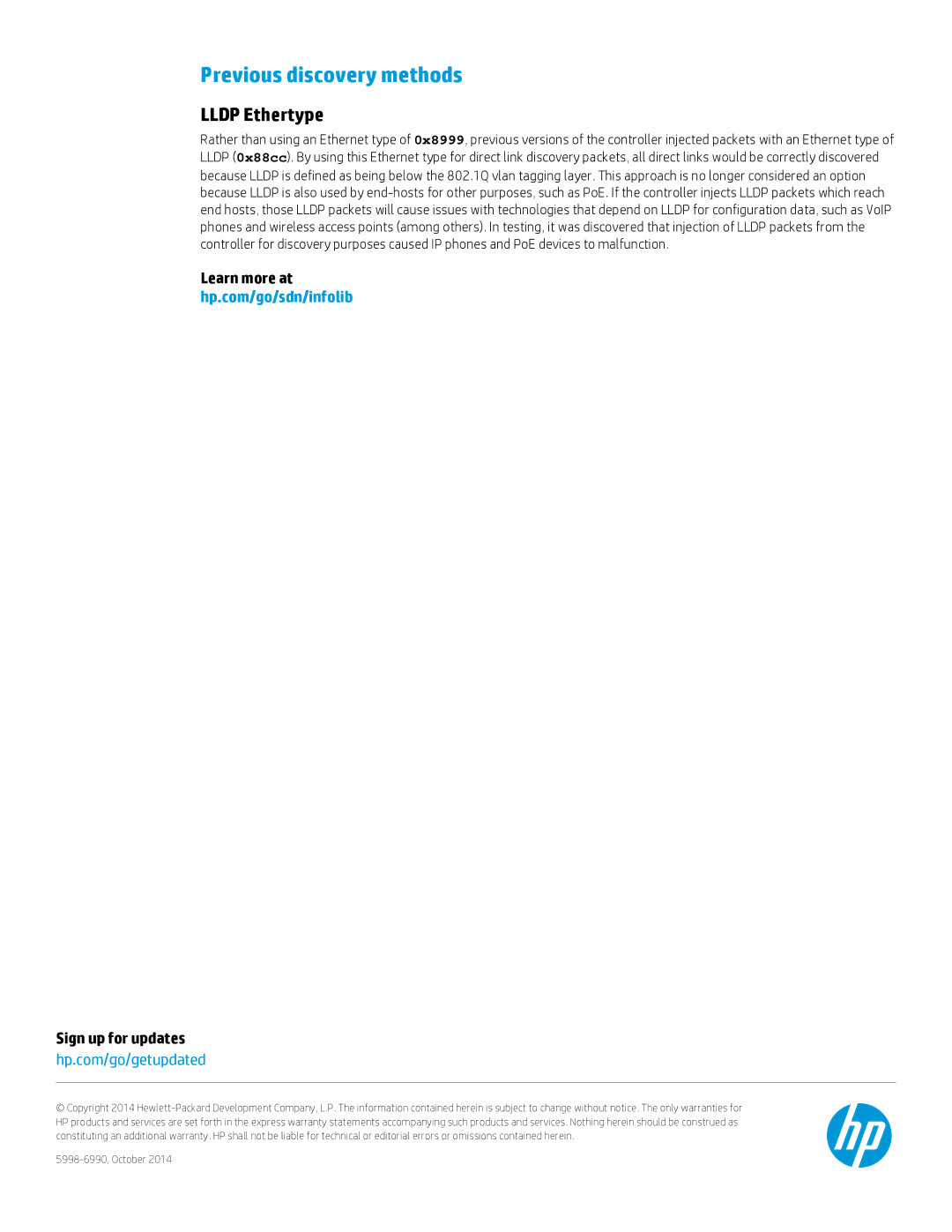 HP VAN SDN Controller Software Products manual Previous discovery methods, Lldp Ethertype, Sign up for updates 