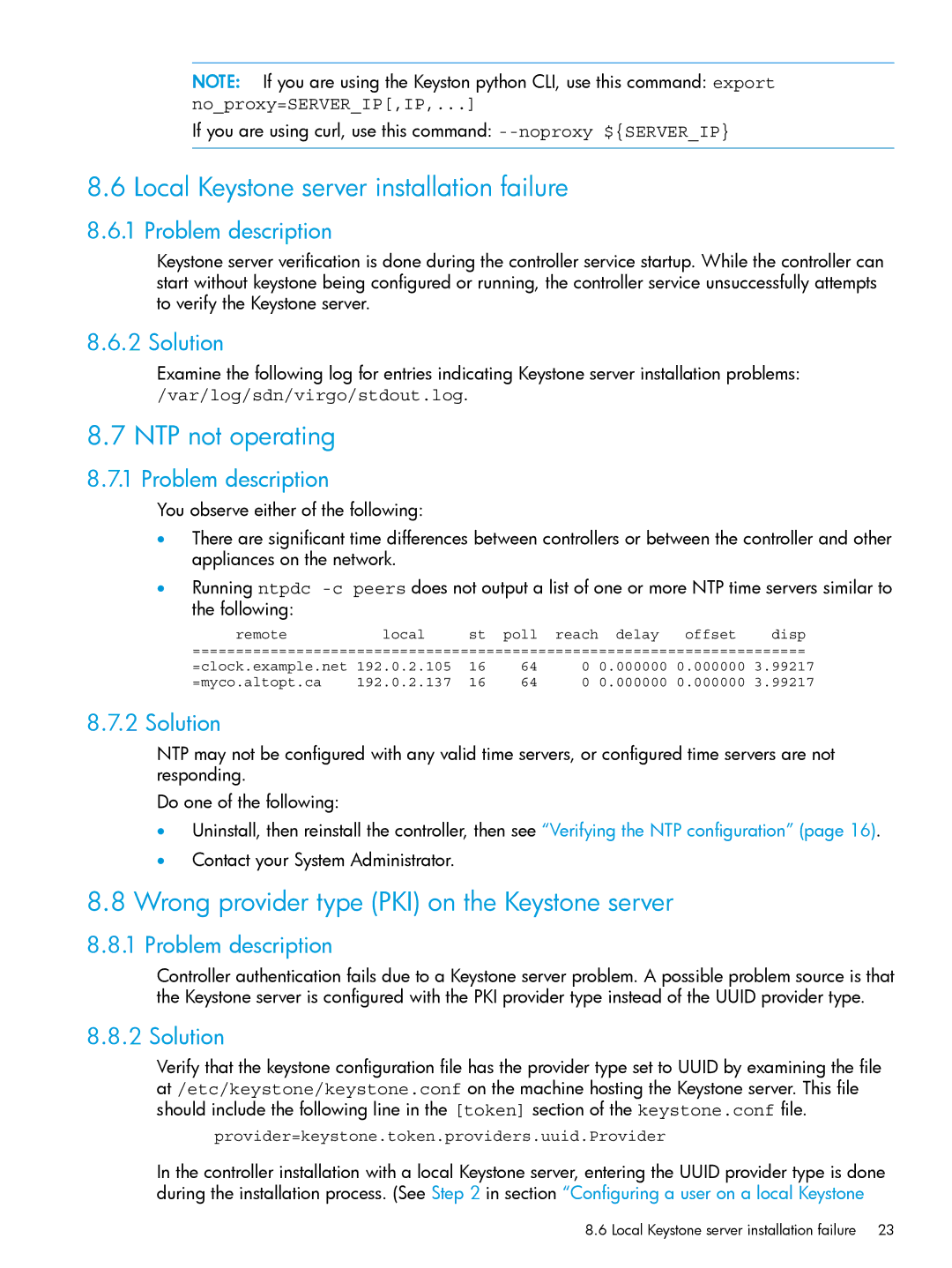 HP VAN SDN Controller Software Products Local Keystone server installation failure, NTP not operating, Noproxy=SERVERIP,IP 