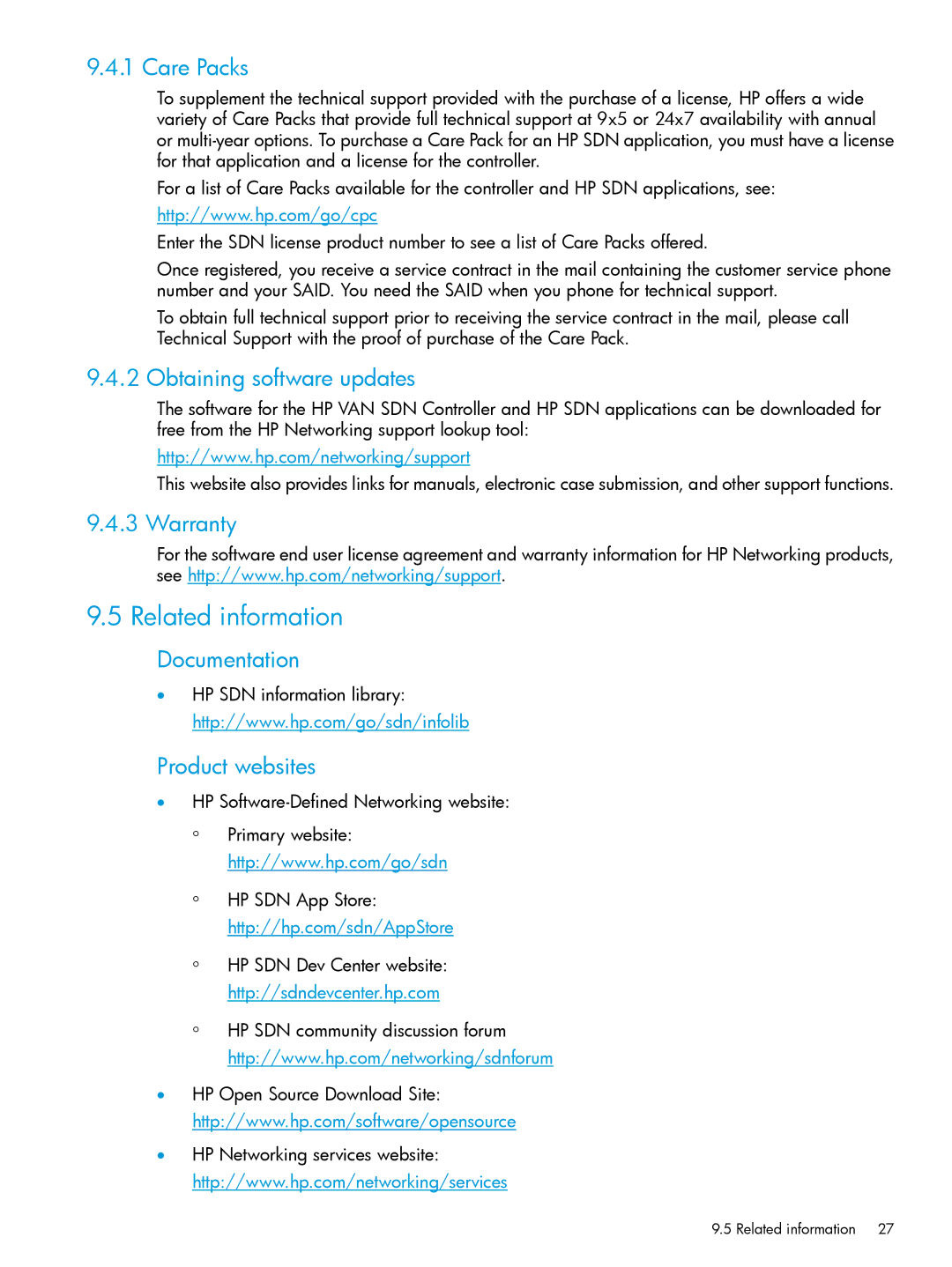 HP VAN SDN Controller Software Products manual Related information, Care Packs, Obtaining software updates, Warranty 