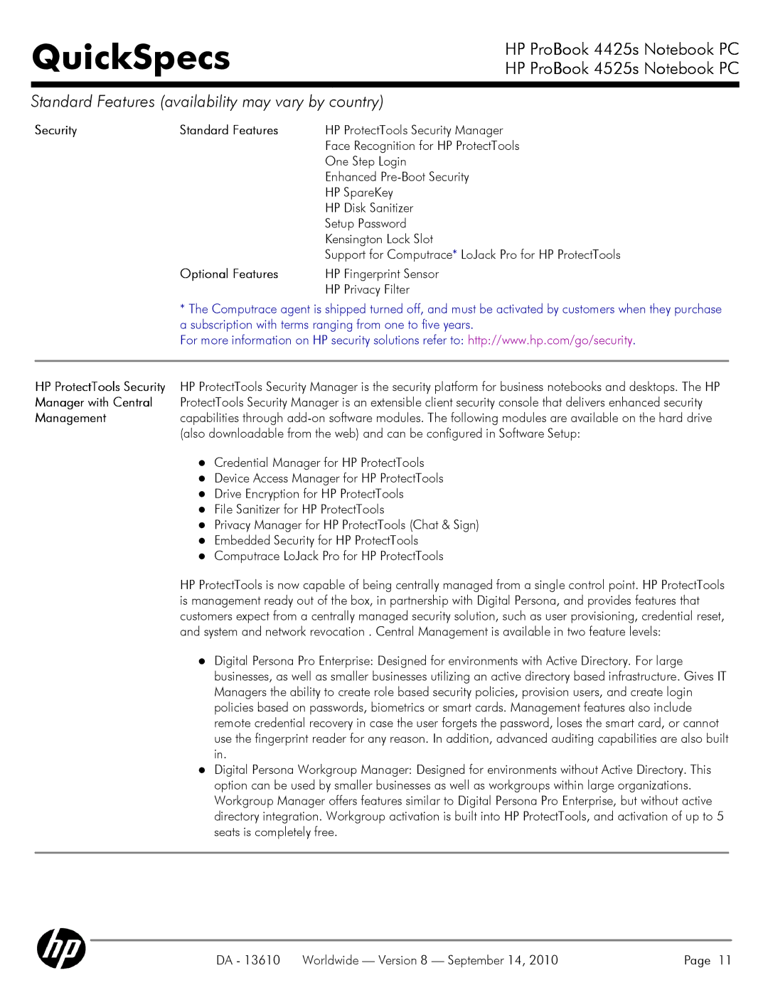 HP VC133 manual Security Standard Features, Optional Features, Manager with Central, Management 