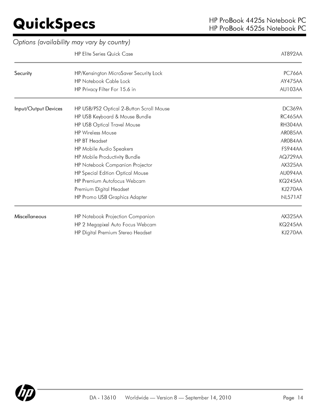 HP VC133 manual Security, Input/Output Devices, Miscellaneous 