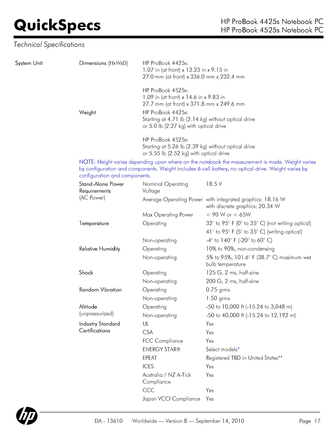 HP VC133 System Unit Dimensions HxWxD, Weight, Stand-Alone Power, Requirements, Temperature, Relative Humidity, Shock 