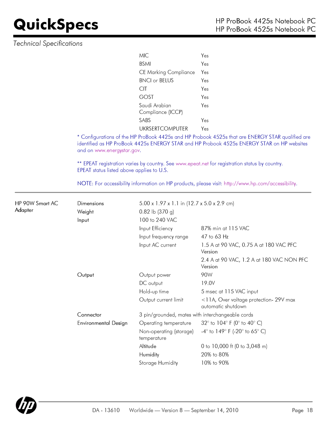 HP VC133 manual HP 90W Smart AC Dimensions, Adapter Weight, Input, Output, Connector, Environmental Design 