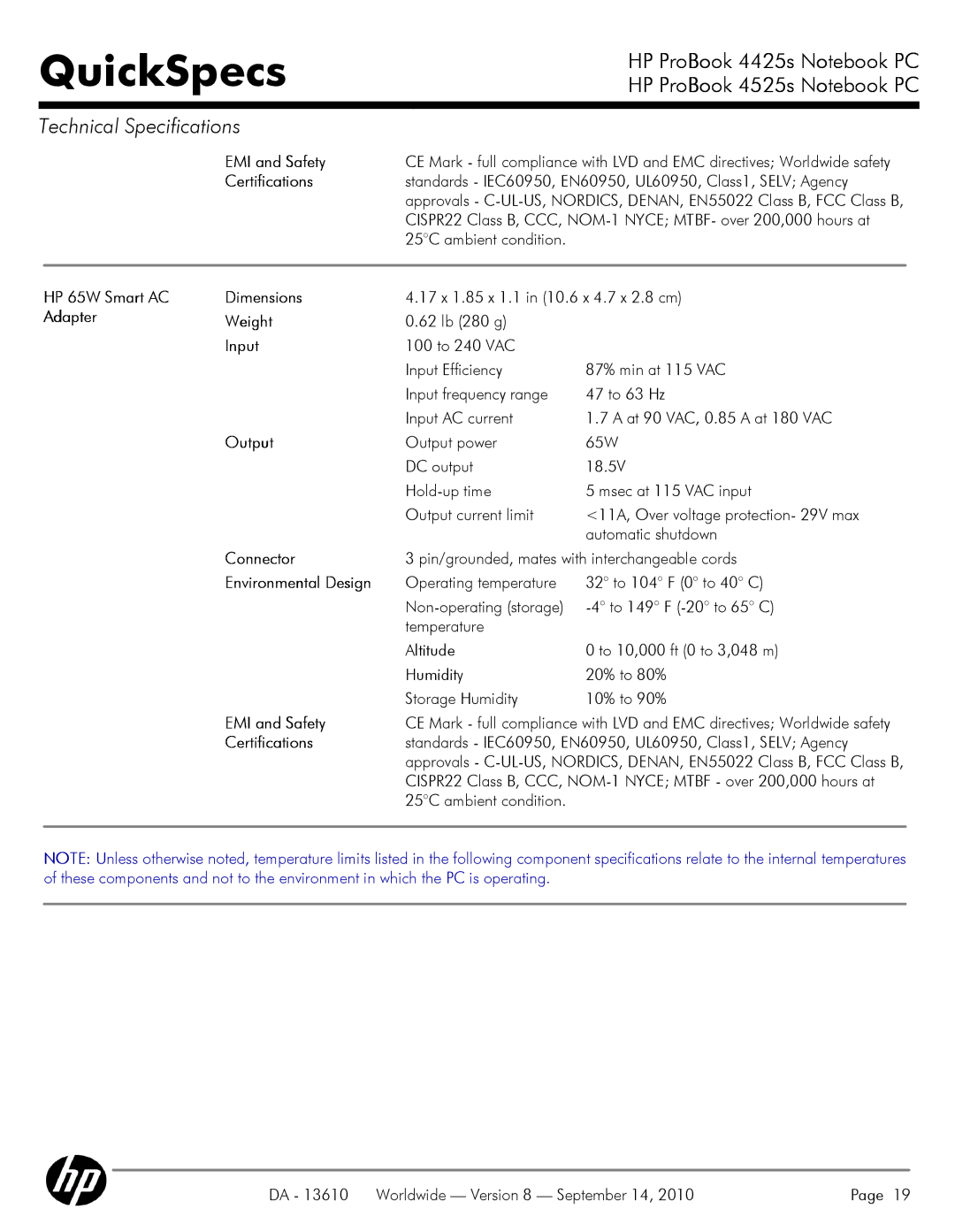 HP VC133 manual EMI and Safety, HP 65W Smart AC Dimensions 