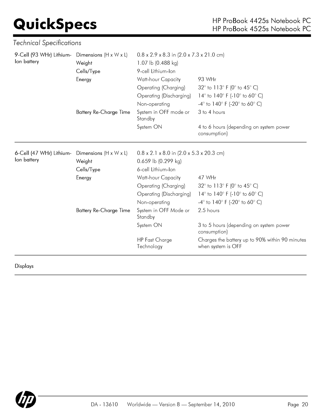 HP VC133 manual Cell 93 WHr Lithium Dimensions H x W x L, Ion battery Weight, Cells/Type, Energy, Displays 