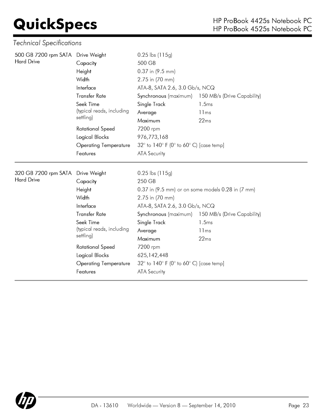 HP VC133 manual 500 GB 7200 rpm Sata Hard Drive Drive Weight, Capacity, Height, Width, Interface, Transfer Rate, Average 