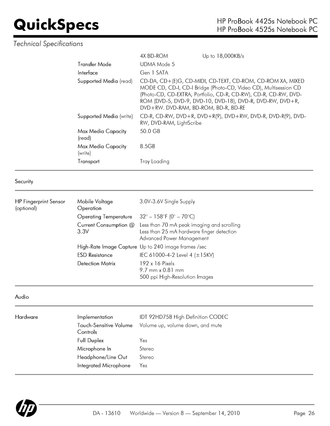 HP VC133 Security HP Fingerprint Sensor Mobile Voltage, Operation Operating Temperature, ESD Resistance, Detection Matrix 