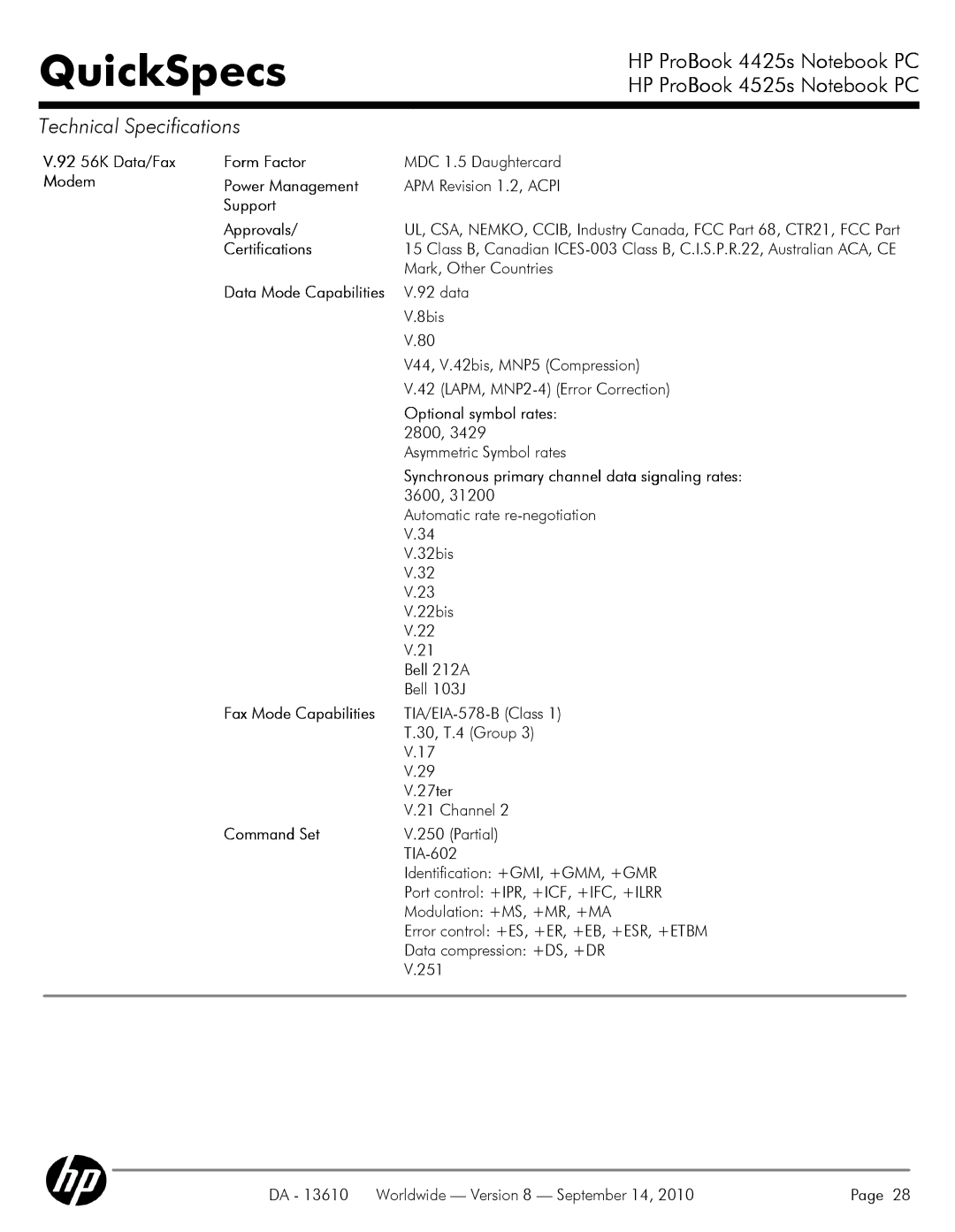 HP VC133 manual 92 56K Data/Fax Form Factor, Modem Power Management, Support Approvals, Optional symbol rates, Command Set 