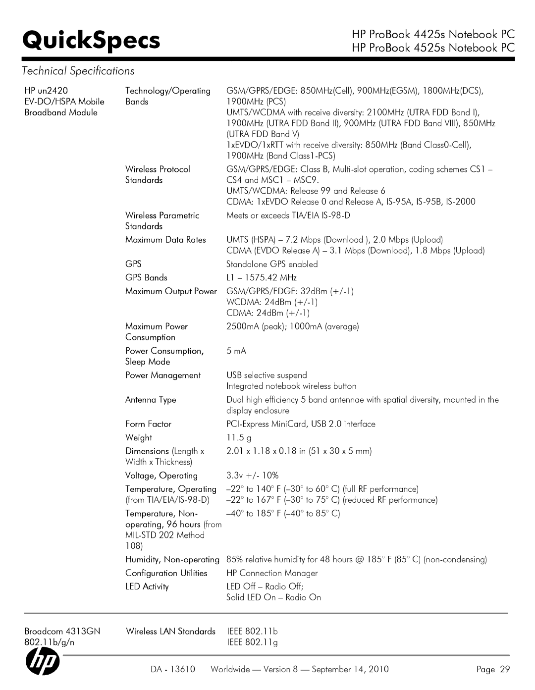 HP VC133 manual HP un2420 Technology/Operating, EV-DO/HSPA Mobile Bands, Wireless Protocol, Standards, Wireless Parametric 