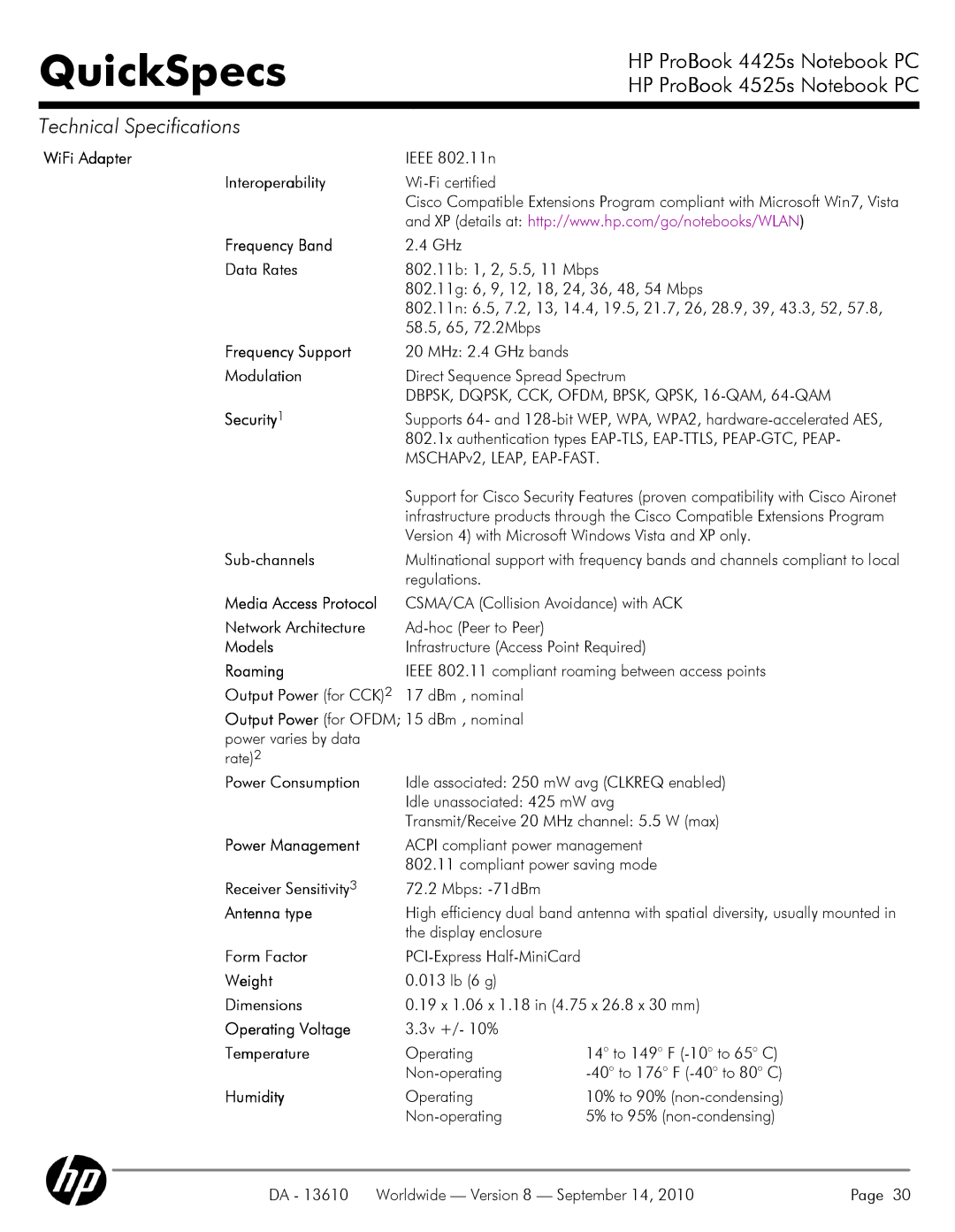 HP VC133 Interoperability, Frequency Band, Data Rates, Frequency Support, Modulation, Sub-channels, Media Access Protocol 