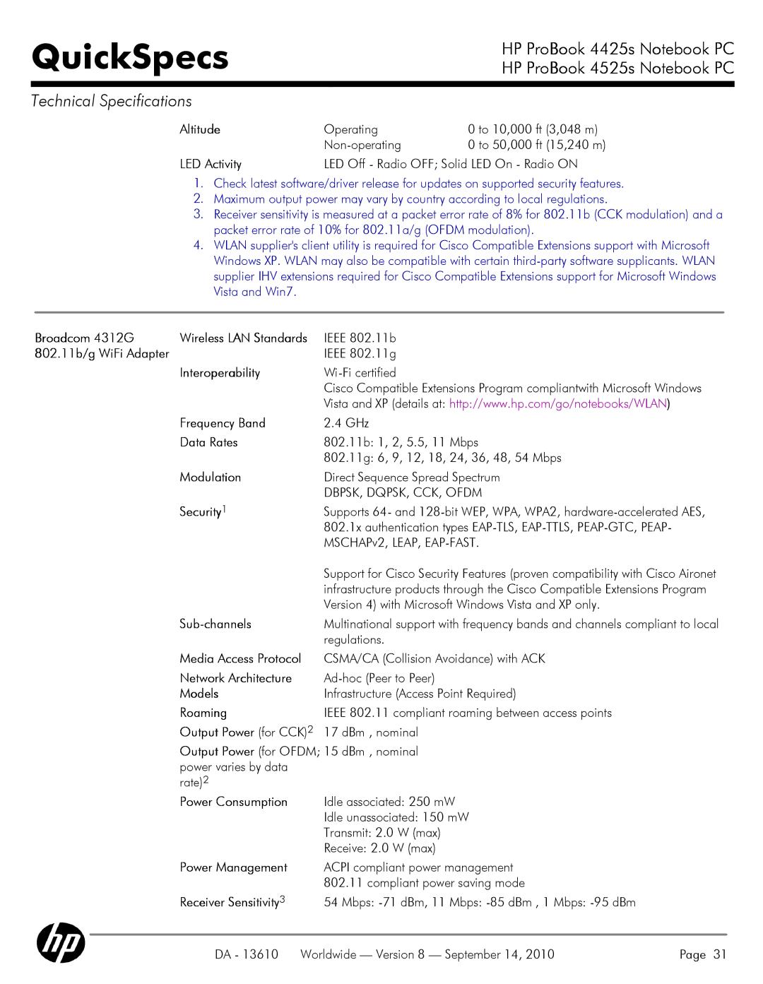 HP VC133 manual Altitude, 802.11b/g WiFi Adapter 