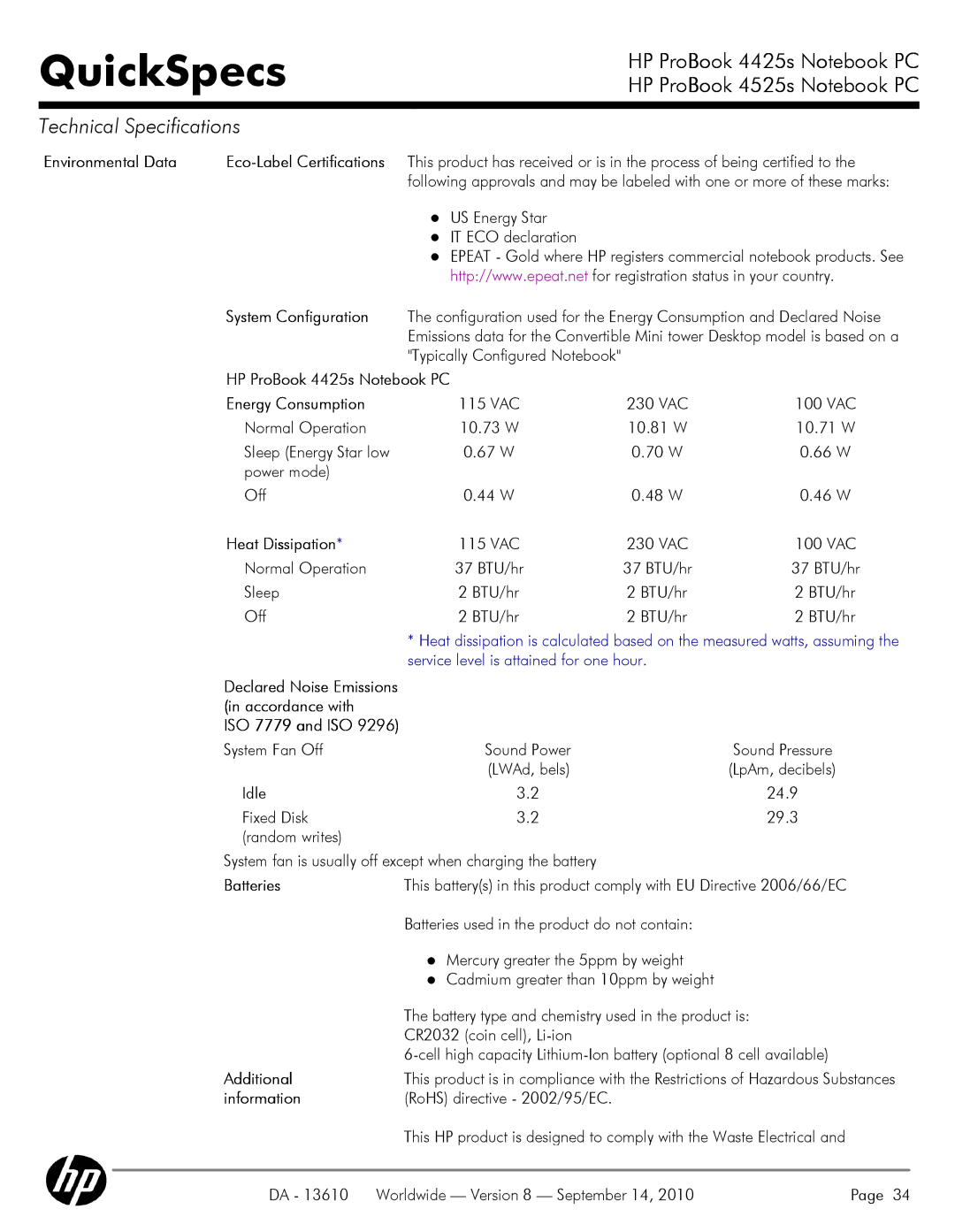 HP VC133 Environmental Data, Energy Consumption, Heat Dissipation, ISO 7779 and ISO, Batteries, Additional, Information 