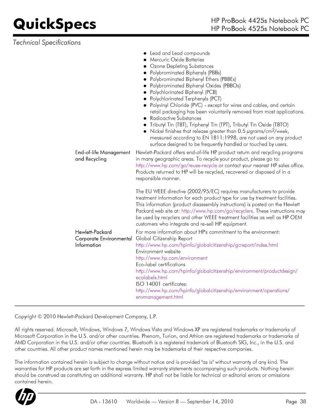 HP VC133 manual Recycling, Hewlett-Packard 