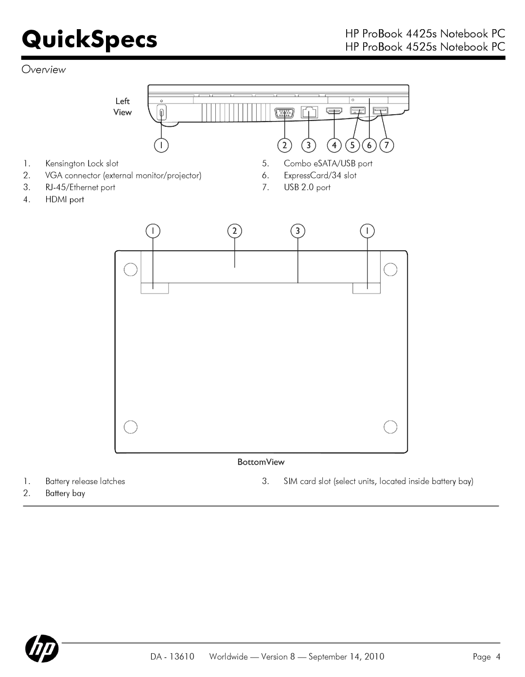 HP VC133 manual Battery bay DA 13610 Worldwide Version 8 September 14 