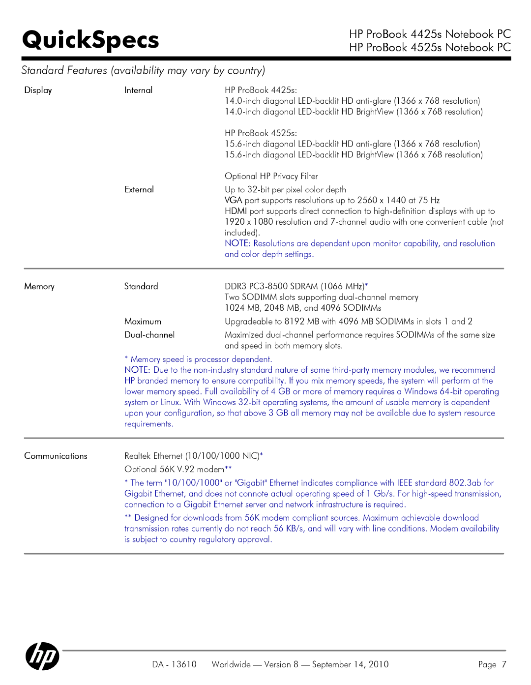 HP VC133 manual Display Internal, External, Memory Standard, Maximum, Dual-channel, Communications 