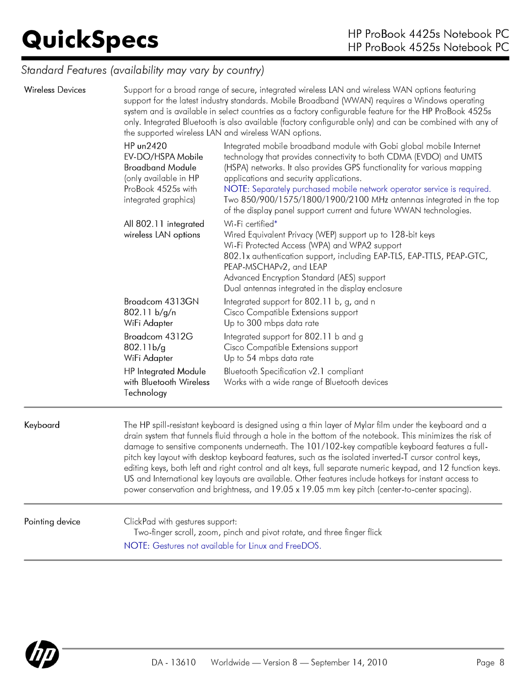 HP VC133 Wireless Devices, HP un2420, EV-DO/HSPA Mobile, Broadband Module, All 802.11 integrated, Wireless LAN options 