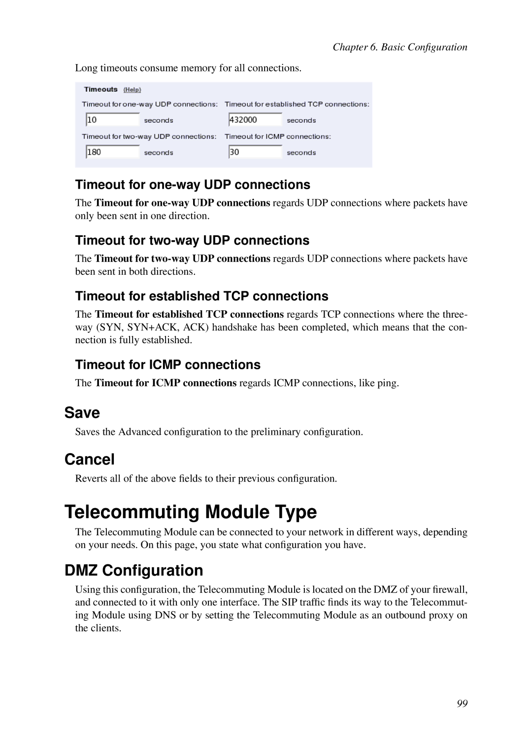 HP VCX Software manual Telecommuting Module Type, Timeout for one-way UDP connections, Timeout for two-way UDP connections 