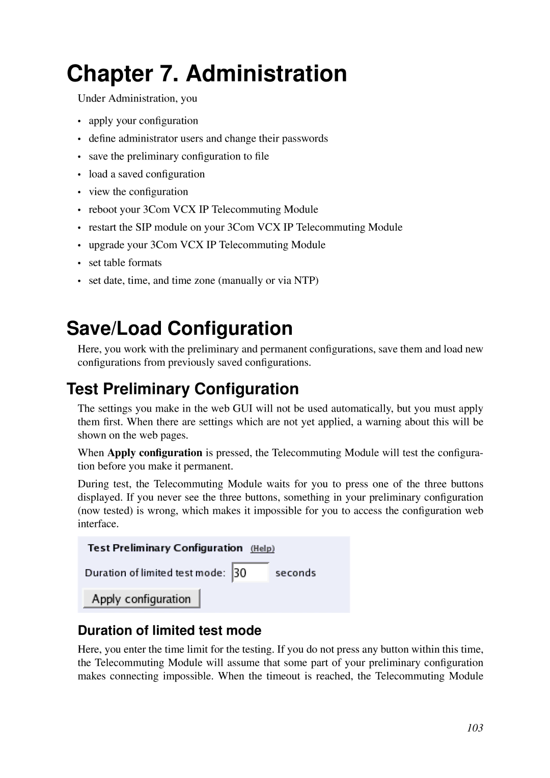 HP VCX Software manual Administration, Save/Load Conﬁguration, Test Preliminary Conﬁguration, Duration of limited test mode 