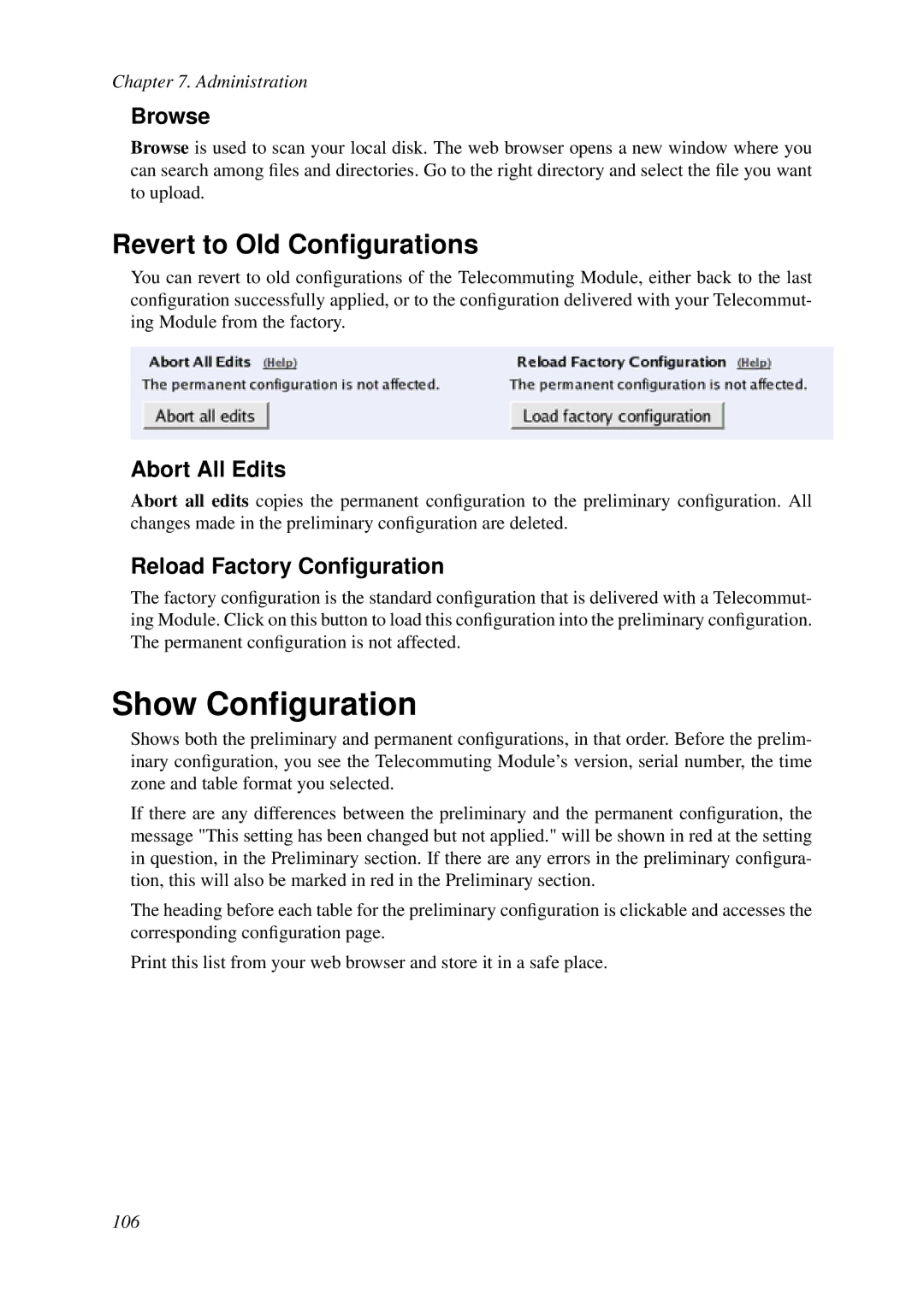 HP VCX Software manual Show Conﬁguration, Revert to Old Conﬁgurations, Abort All Edits, Reload Factory Conﬁguration 