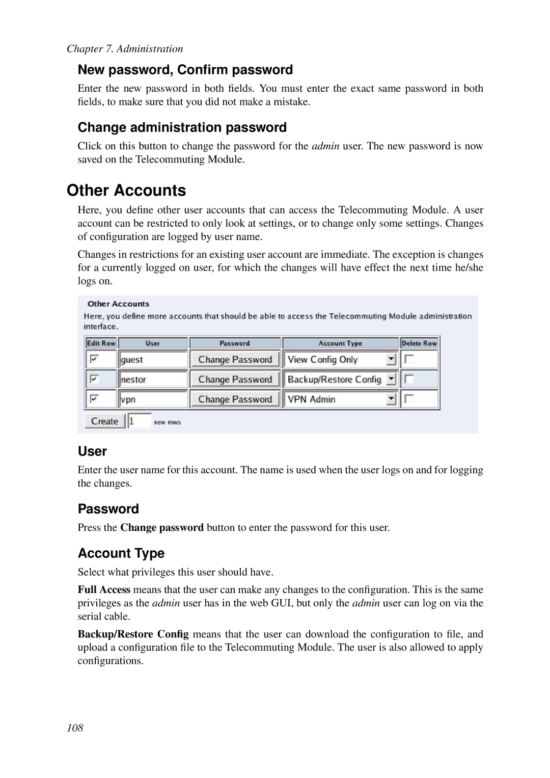 HP VCX Software manual Other Accounts, New password, Conﬁrm password, Change administration password, Account Type 