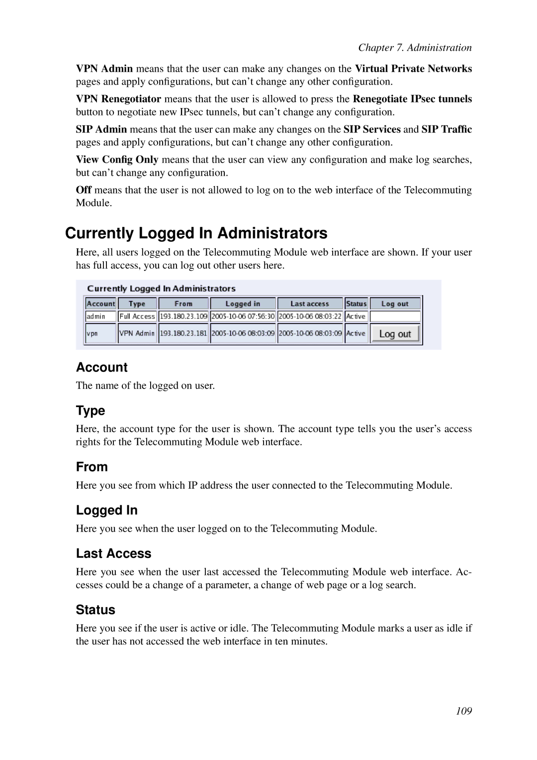 HP VCX Software manual Currently Logged In Administrators 