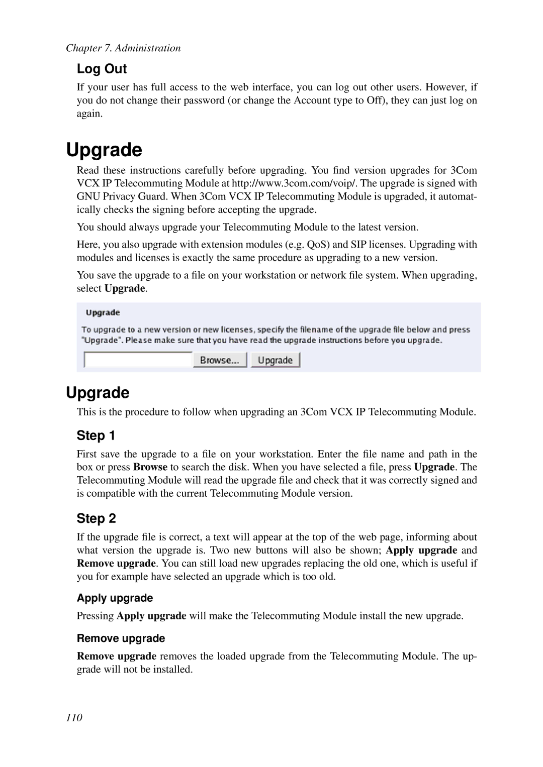 HP VCX Software manual Upgrade, Log Out, Step 