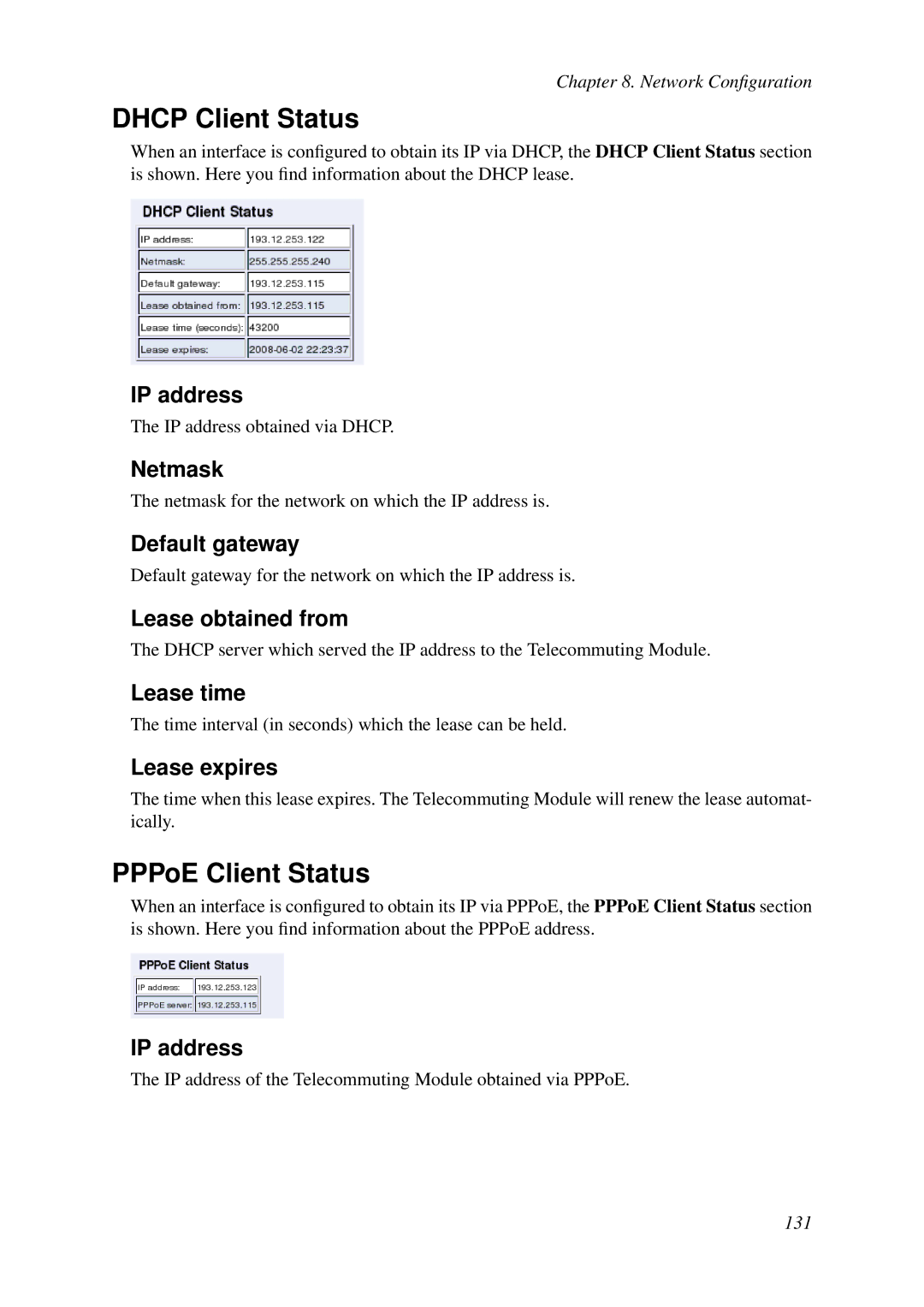 HP VCX Software manual Dhcp Client Status, PPPoE Client Status 