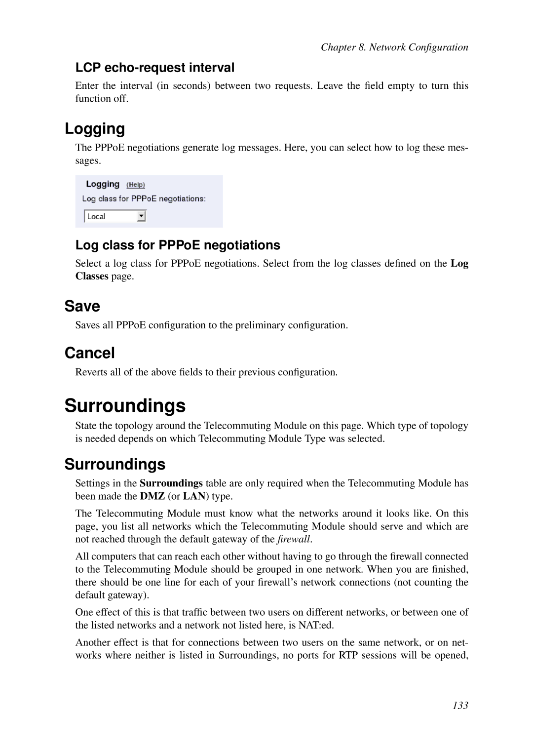 HP VCX Software manual Surroundings, LCP echo-request interval, Log class for PPPoE negotiations 