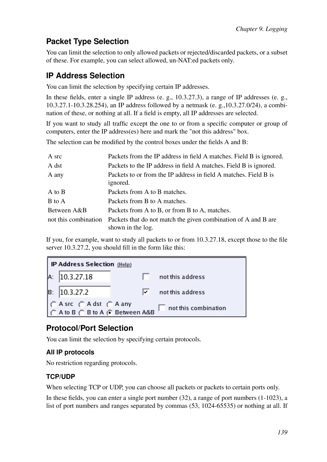 HP VCX Software manual Packet Type Selection, IP Address Selection, Protocol/Port Selection, All IP protocols 